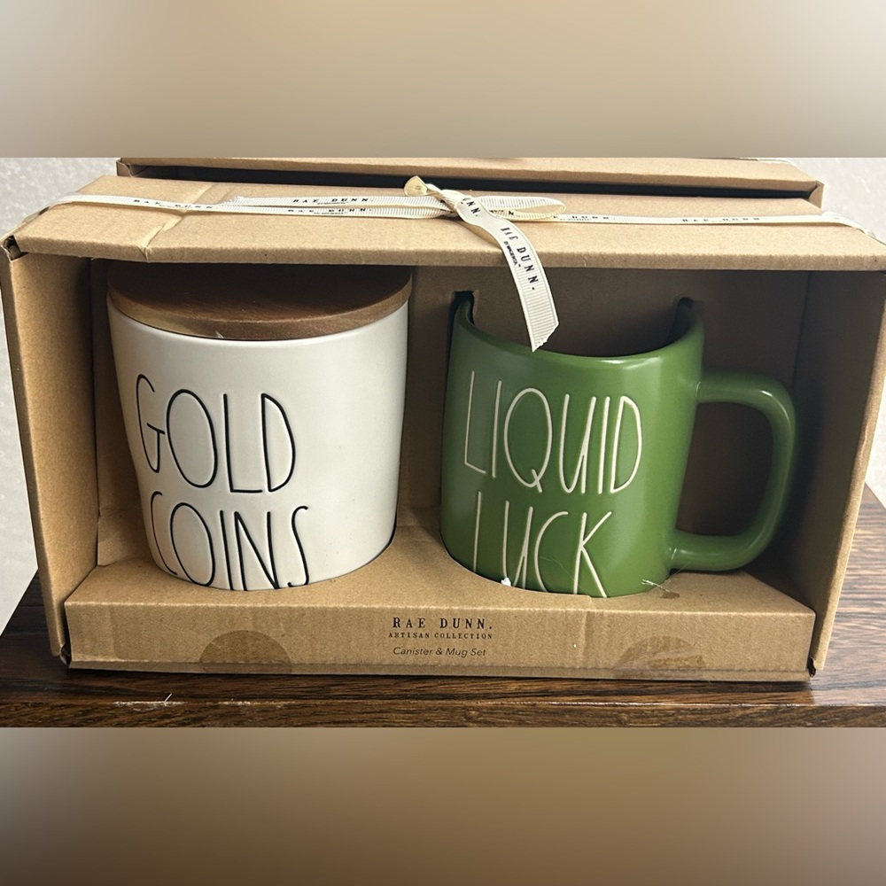 Rae Dunn Gold Coins & Liquid Luck Canister & Mug Set